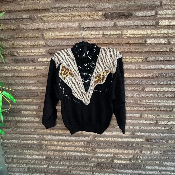 Vintage 80s Bonnie & Bill Zebra Print  Bling Embellished Sweater  NWT - Picture 9 of 9